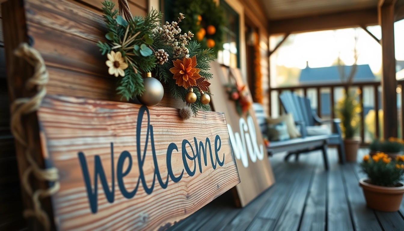 Beautiful wooden welcome signs welcoming guests at a cozy porch, featuring handcrafted details and seasonal accents.