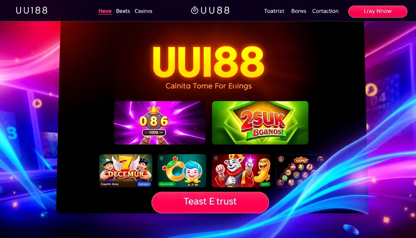 Dynamic UU88 online casino platform interface with vibrant visuals and engaging gaming graphics for user attraction.