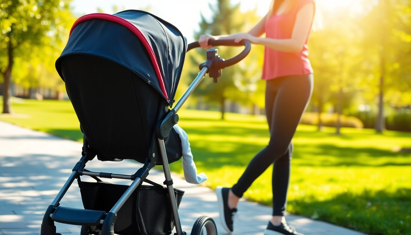 Parhaat lastenrattaat displayed in a practical use scenario with parent pushing a sleek stroller in a park setting, emphasizing safety and comfort.