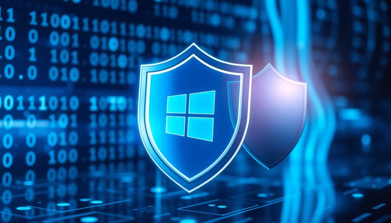 Secure your system with https://sys32win.com/ — visualize a digital shield safeguarding Windows against malware threats in a modern graphic design.