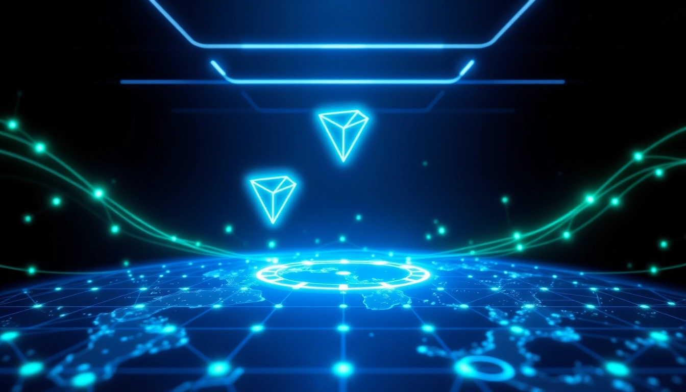 Visual representing tron energy transfer on the blockchain with global nodes and secure digital connections, emphasizing trust and efficiency for users.