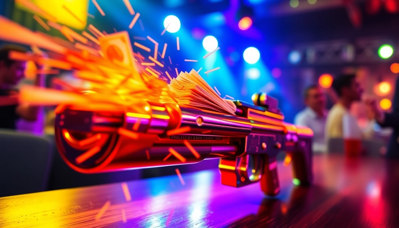 Cashgun in action spraying real cash during a high-energy celebration, capturing movement and excitement for user engagement.