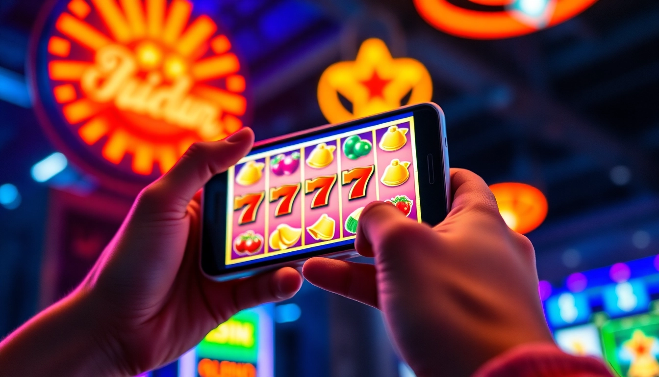 Gambar seseorang memainkan game slot online di ponsel dengan latar belakang neon yang cerah dan menarik.