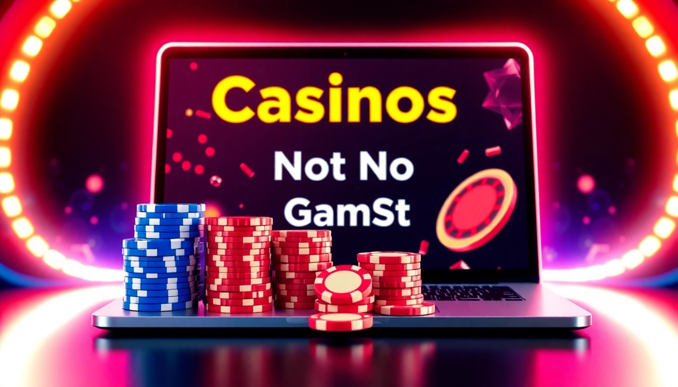 Dynamic illustration of casinos not on GamStop offering quick access, vibrant chips, and digital gambling elements, emphasizing fast and trusted betting opportunities.