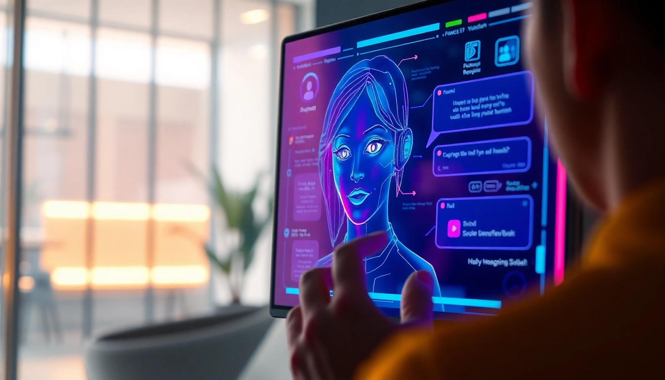 An illustration of a futuristic AI interface with a holographic female avatar and vibrant neon colors, representing immersive digital interactions.