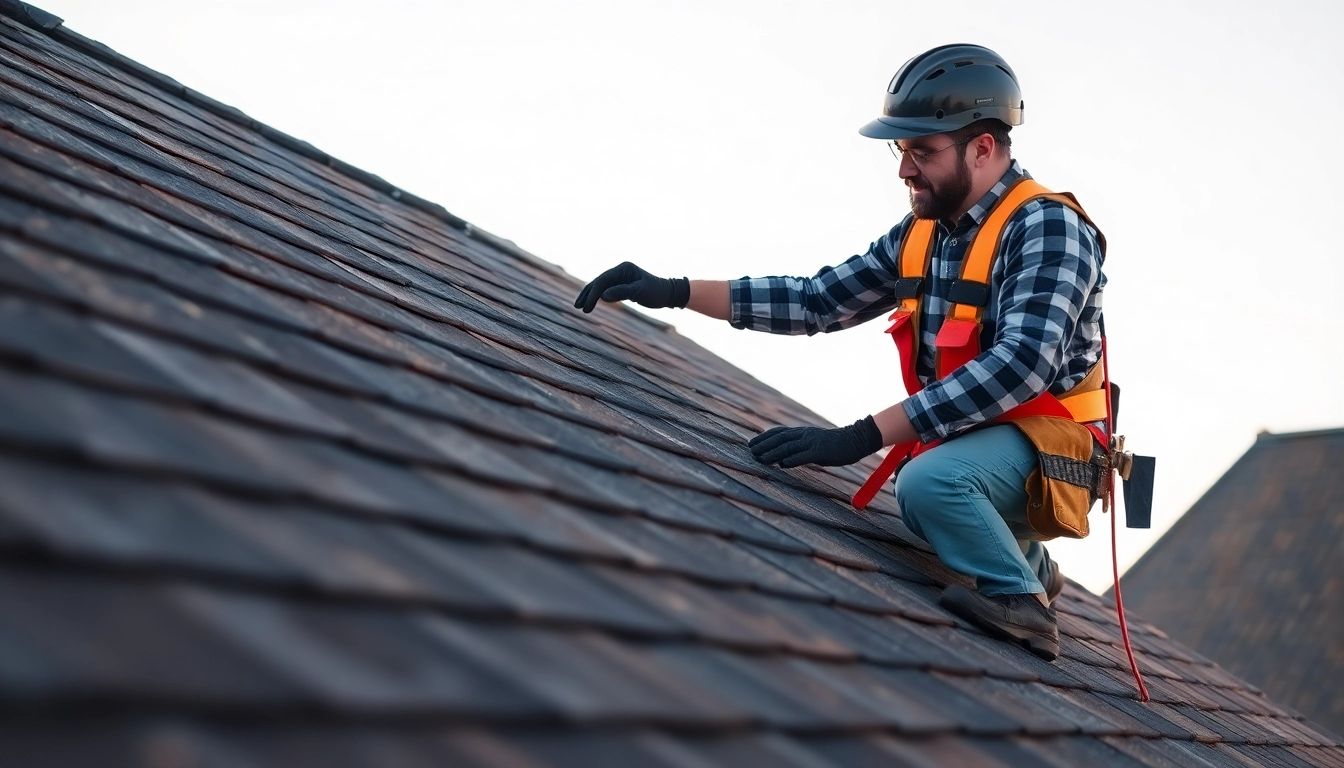 A professional roofer repairing a roof using shingles, highlighting expertise and safety at work for homeowners.