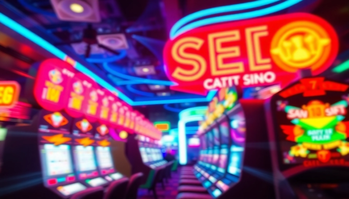 A dynamic image depicting the idea of increasing domain authority with casino elements, neon lights, and vibrant colors.