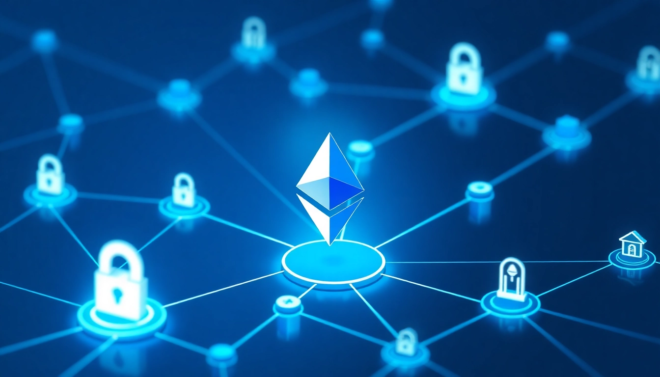 Visual of staking ethereum with a secure blockchain network backdrop, highlighting passive earning potential and decentralization.