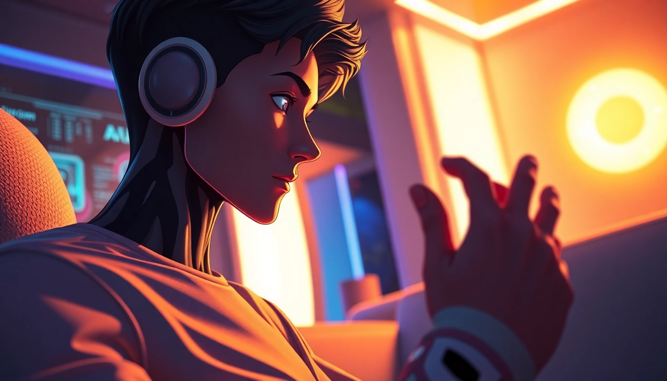 Futuristic AI character in an intimate setting with soft lighting and detailed textures