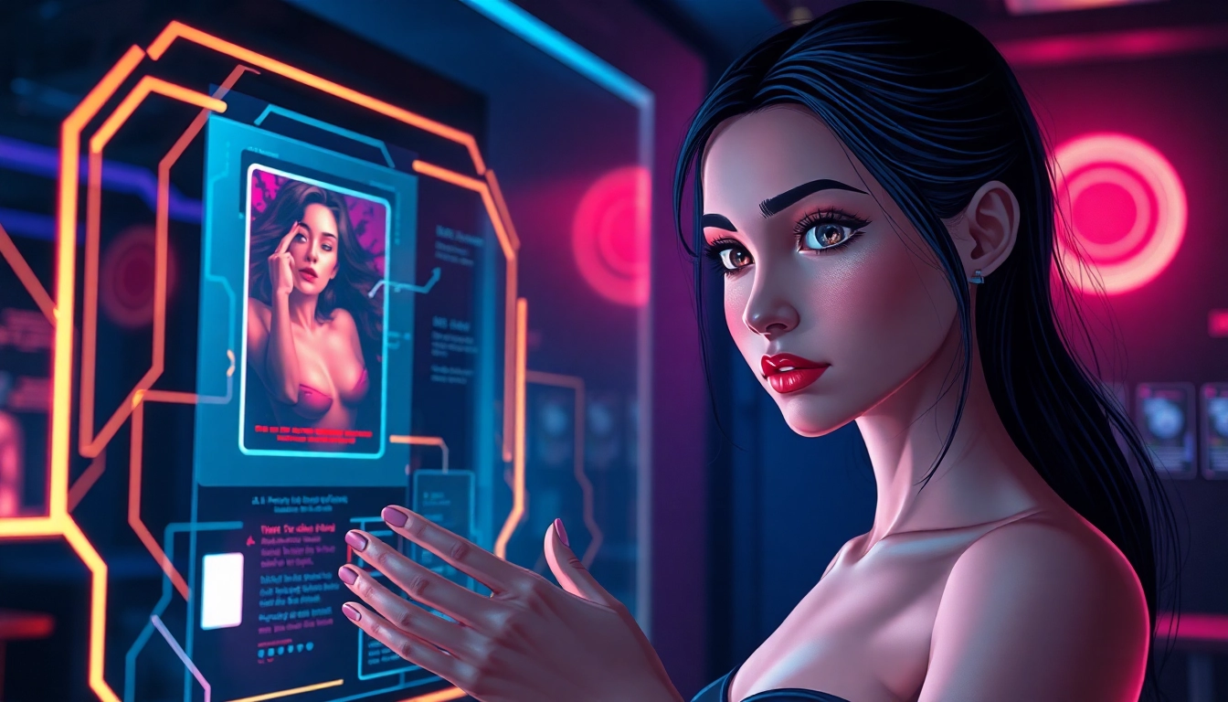 Digital illustration of an AI interface with a female figure and holographic visuals in a moody, neon-lit environment.