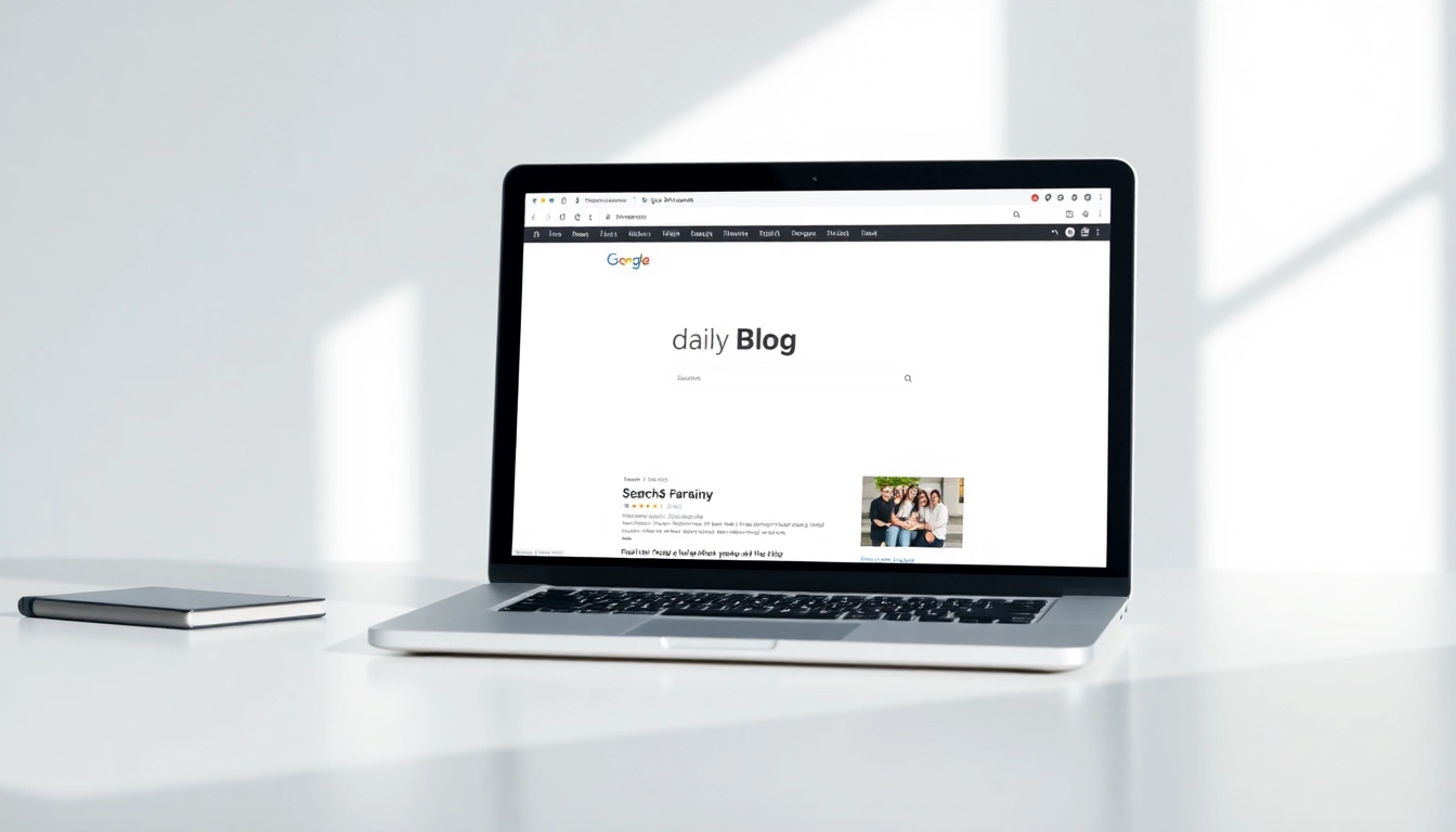Daily Search Blog homepage on a laptop screen with clean desk, illustrating digital content creation and online search tips for users.