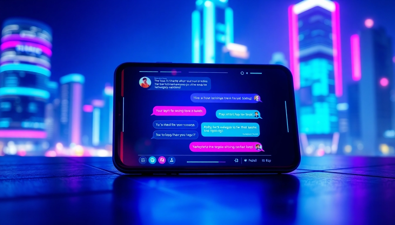 Futuristic digital chat interface with neon accents and cityscape background representing advanced AI conversation platform