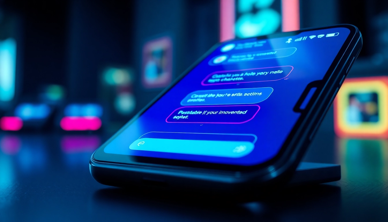 Close-up of a smartphone displaying a vibrant AI chatbot conversation with neon accents in a dark, futuristic setting.