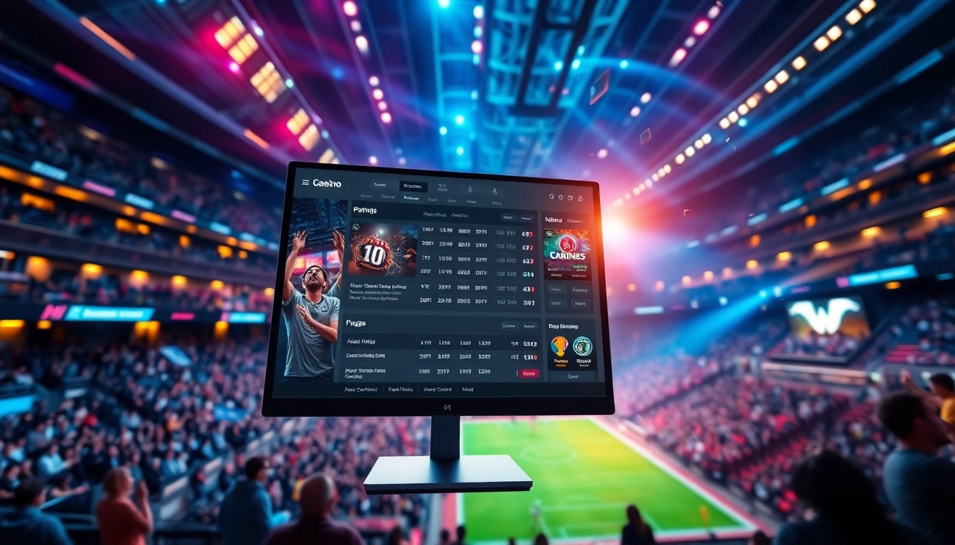 Illustration of an online sportsbook and casino platform interface with a lively sports event in the background.