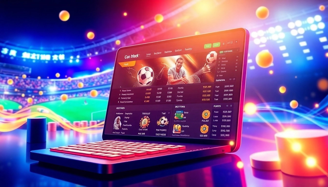 Digital illustration of a modern online sportsbook and casino platform interface with vibrant colors and dynamic elements.