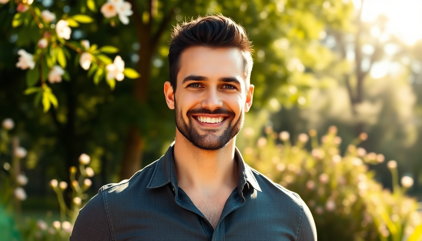 A confident, attractive mature man standing outdoors in a sunny park setting.