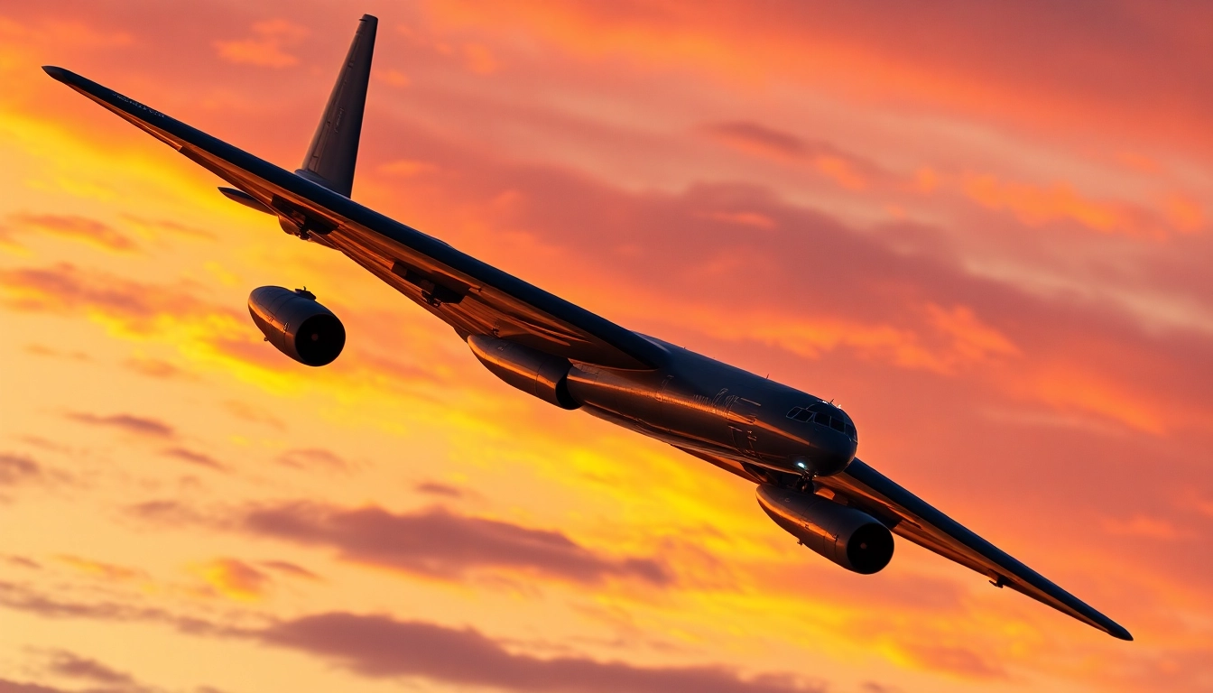 The powerful B52 bomber soaring through a colorful sky, showcasing its sleek design and advanced aerodynamics for military dominance.