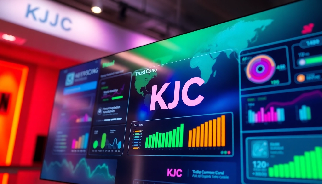 KJC brand new online platform featuring vibrant interface and global connectivity icons,