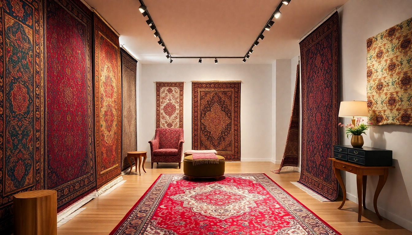 Tappeti a Milano showroom displaying diverse modern and traditional rugs with elegant decor