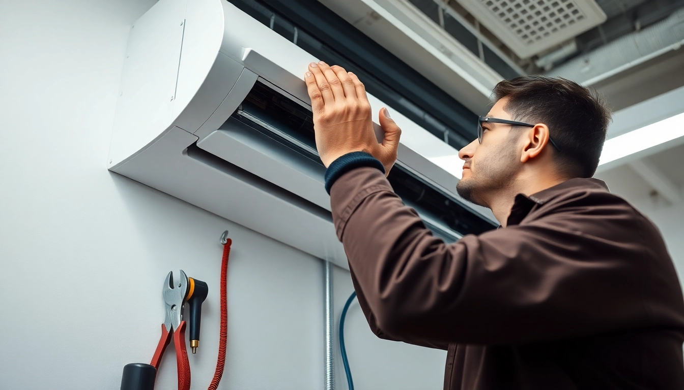 Skilled technician expertly installing cooling system in an indoor environment, emphasizing