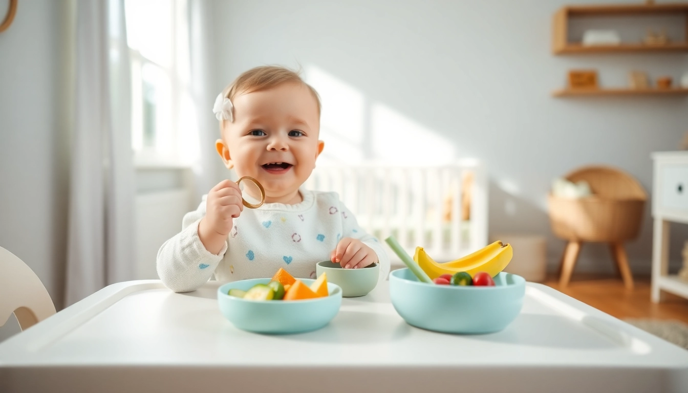 Baby enjoying alimentazione naturale per svezzamento bambini with silicone utensils in a