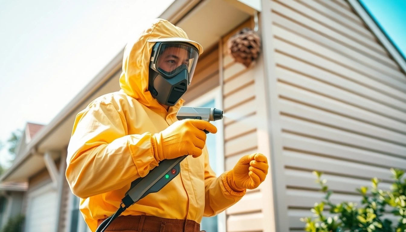 Pest control technician ready to treat a wasp nest on a house eave with spray equipment.