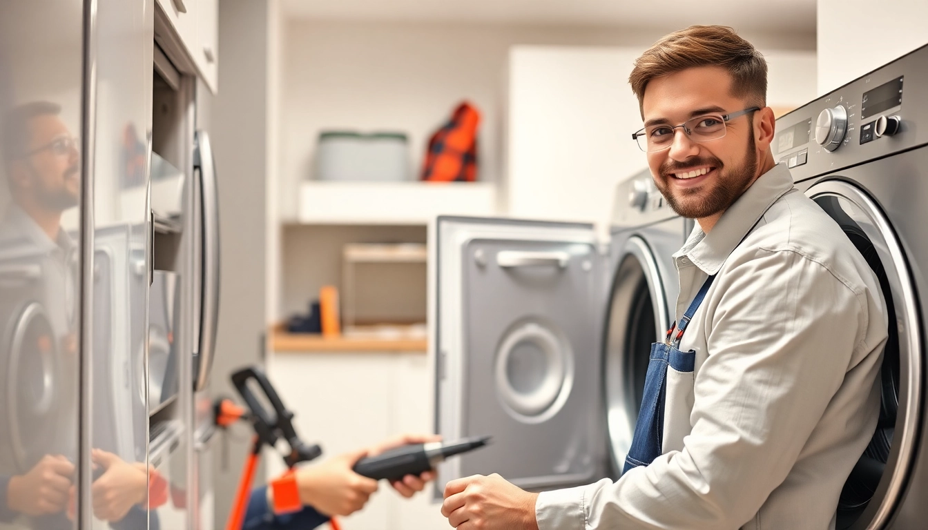 Professional technician performing appliance repair Toronto on washing machine and fridge in a