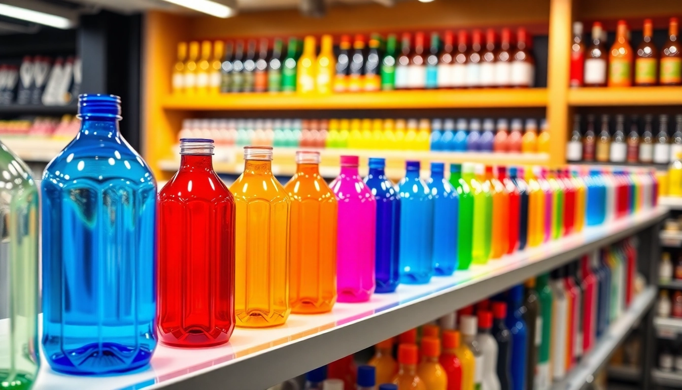 High-resolution photo of a collection of clear and colored pet sise bottles, demonstrating