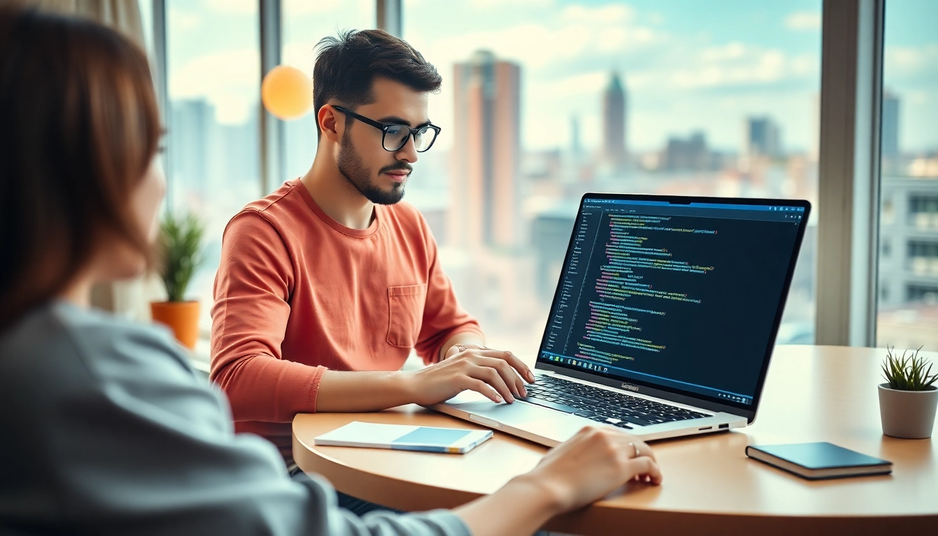 Professional mission freelance worker coding and designing from a modern remote workspace to