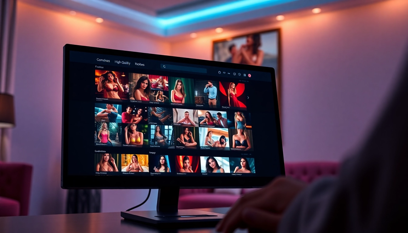 A modern computer screen displaying adult video thumbnails with vibrant colors and stylish lighting.