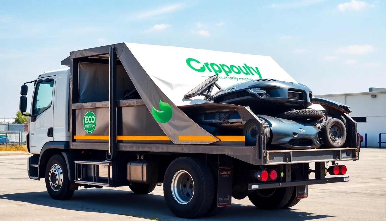 Professional team performing autoverschrottung with a mobile scrap truck in an outdoor