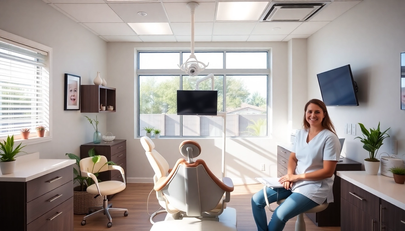 Portray a friendly dental team at Ventura Bright Dental providing caring service in a modern