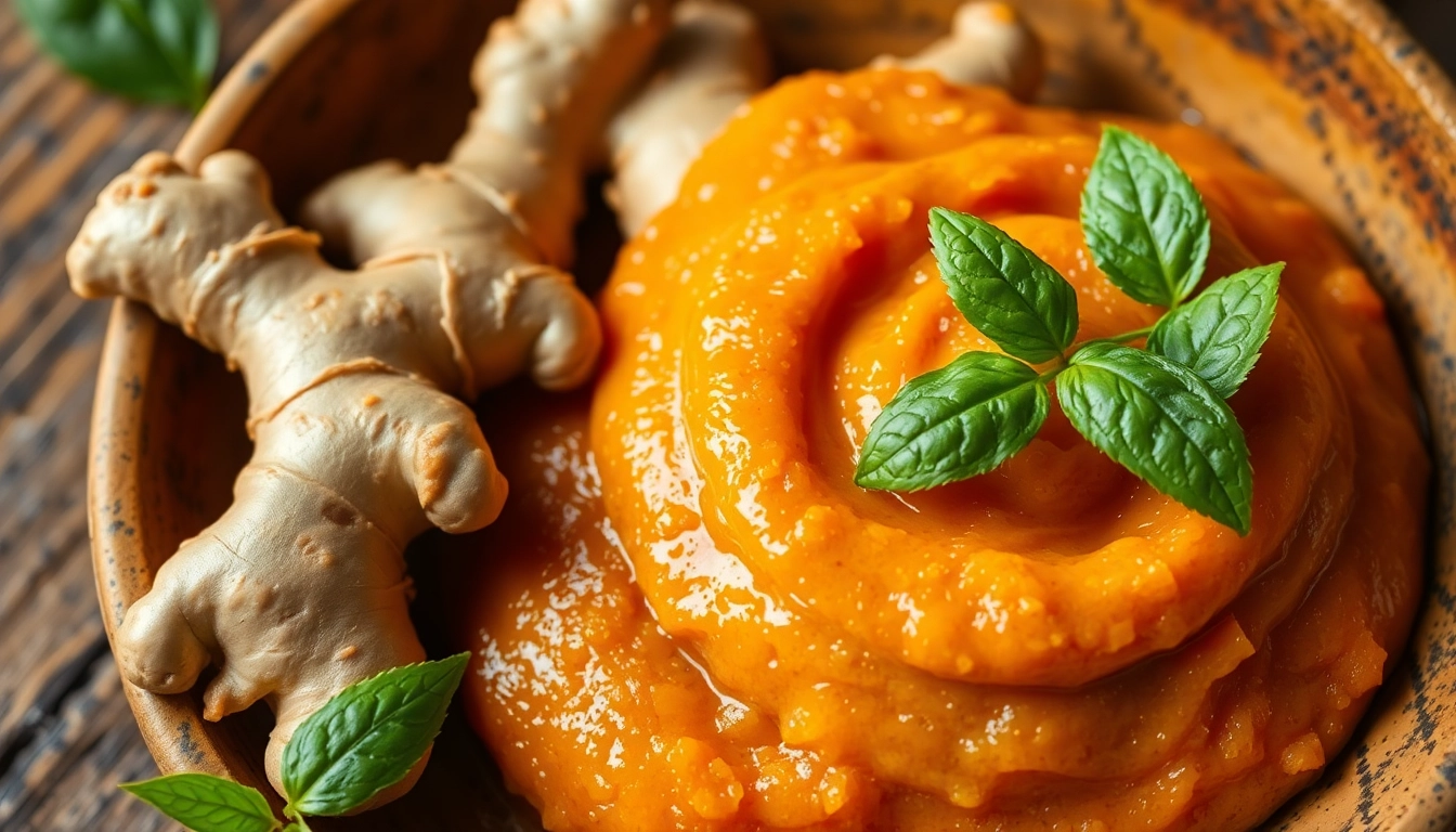 High-quality ginger paste showcased alongside fresh ginger roots, highlighting authenticity and