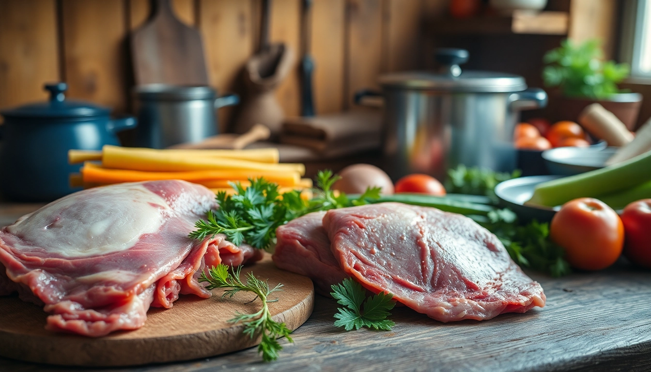 Authentic Ukrainian cooking scene with fresh Zakarpattia meat and traditional tools for cooking