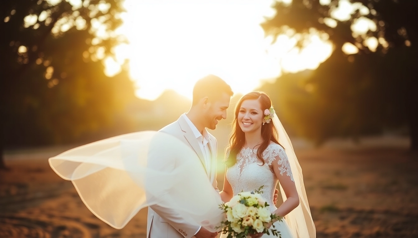 Beautiful couple engaged in natural eskuvoi fotozas during sunset, capturing genuine moments